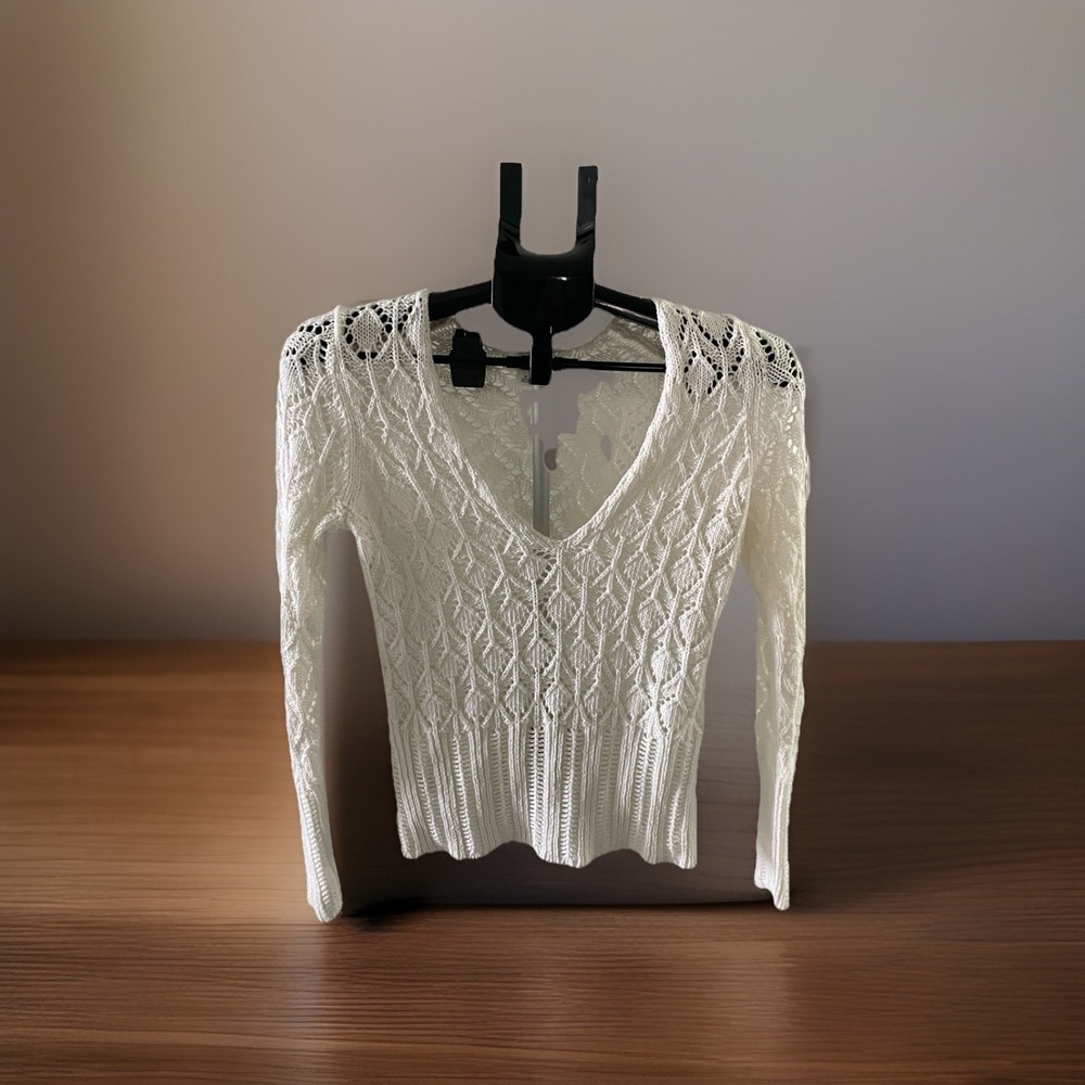 Loft Cream Sweater Cable Knit Crochet Size M Business Workwear Career